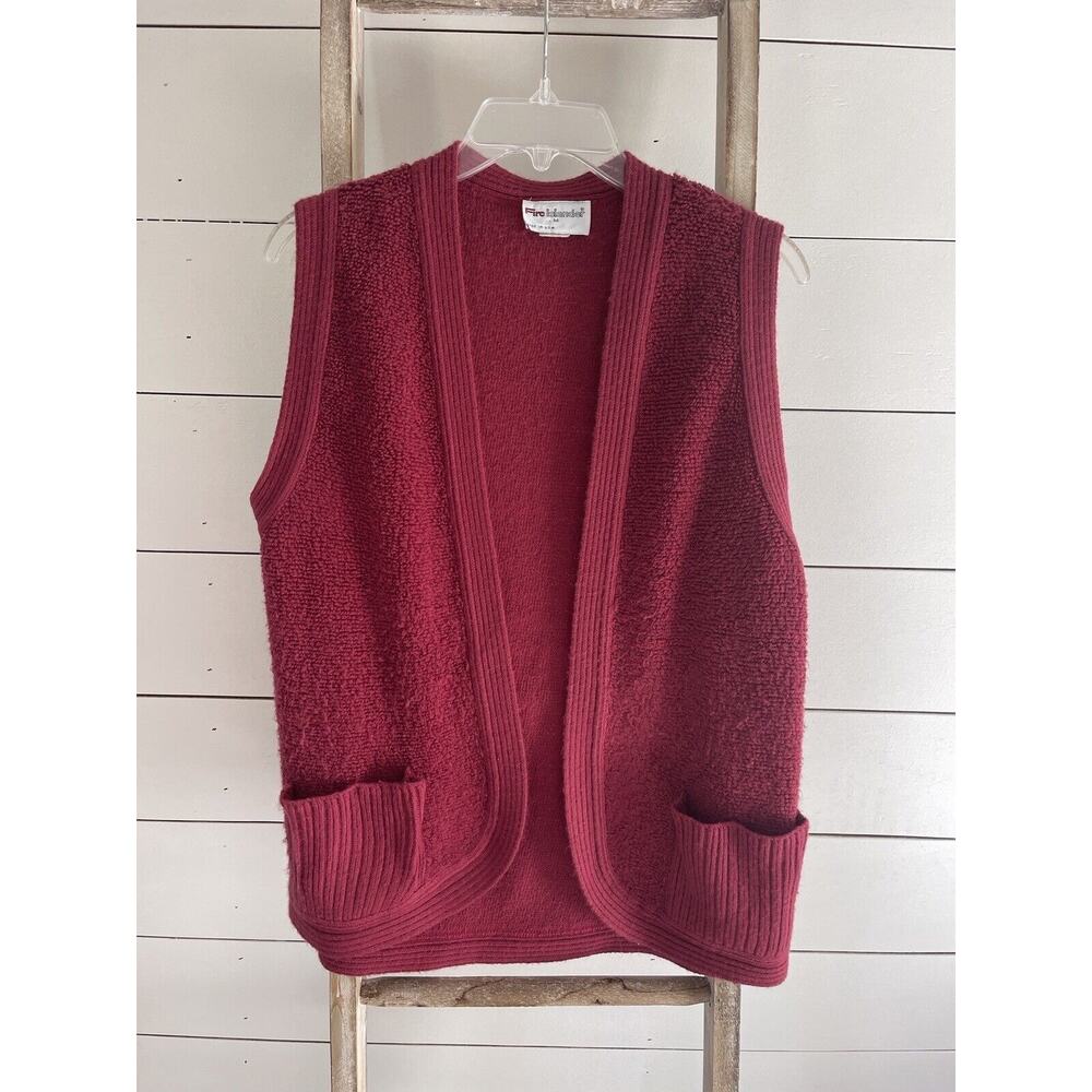 VTG Fire Islander Open Front Sweater Vest Dark Red Textured Knit USA Medium